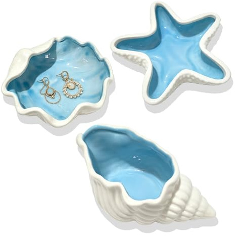 3 Stück Keramik Schmuckschale, Muschel-/Seestern-/Muscheltablett, Muschel Schale, Ozean-Stil, Seestern Schmucktablett Für Ringe Ohrringe Halsketten Schlüssel Keramischer Ring Und Kleinteilehalter
