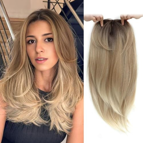 Ms Taj haarteile für dünnes haar,45cm 3 Tone Blonde haartopper echthaar natürlich geschichtet Clip-in-Haarteil für mehr Haarvolumen synthetische Haa Haarteil mit Pony