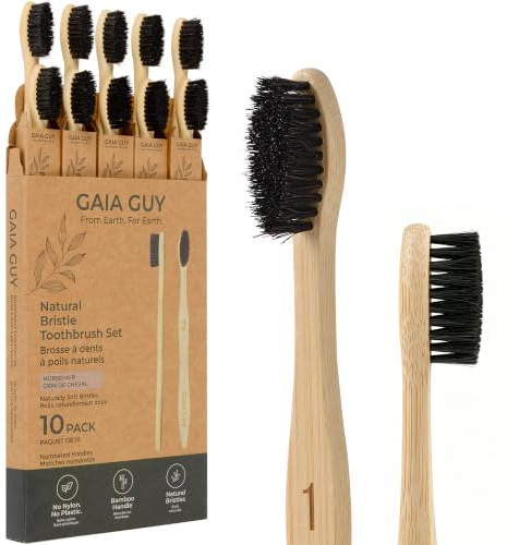 Gaia Guy hästhår bambu tandborstar – 10-pack naturliga borst tandborstset, plastfri och nylonfri, numrerade bambuhandtag, medium mjuk hästhår borst för vuxna och familjer
