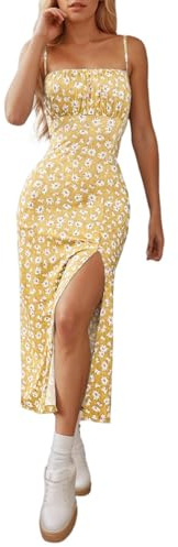 Dam Hängselklänning Omlott Byst Hög Slits Höft Lång Klänning(Yellow,M)