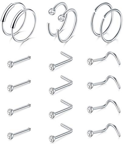 Mayhoop 18pcs 20G Piercing de Nariz Anillos Studs Piercing de Nariz de Plata de Acero quirúrgico con CZ para Mujeres y Hombres