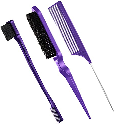 Geiserailie 3 Pcs Slick Back Hair Brush Set Bristle Brush Edge Control Teasing Comb for Women Black Hair(Purple) | Edge Control Teasing Comb for Women Black Hair