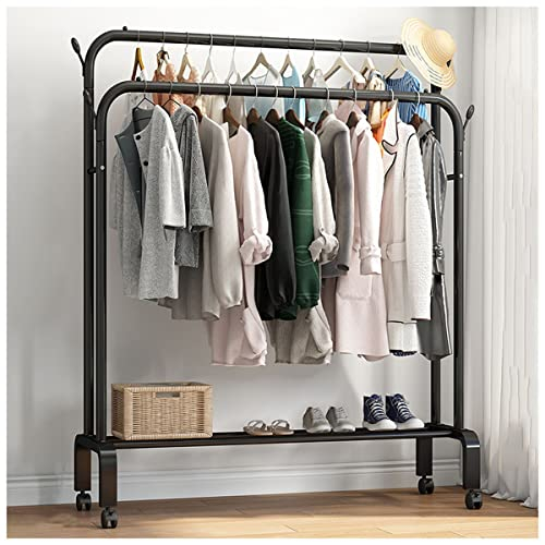 Kleiderständer, 2 Kleiderstange, Garderobenständer Freistehender Mit Rollen, 1 Ablagen Und 4 Haken, Garderobe Für Schlafzimmer, Wohnzimmer, Balkon, Büro (Color : Black, Size : 113x55x162cm)