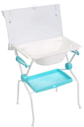 PLASTIMYR Bañera Cambiador Bebe ADA - Plegable con Patas Antideslizantes para Mayor Seguridad - Bañera Plegable Bebé Viaje con Cambiador Abatible y Bandeja Portaobjetos – Portable Lovely Azul