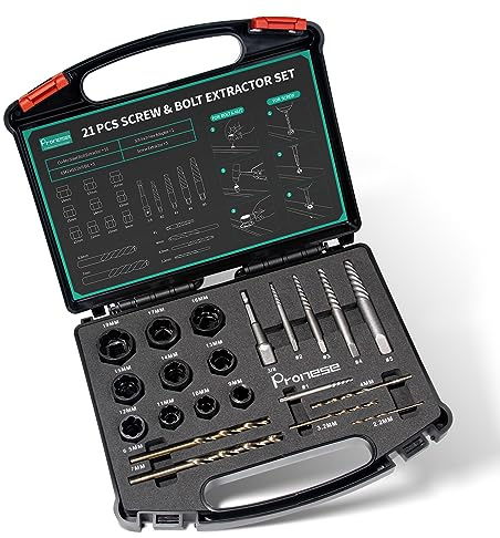 Pronese 21 pcs Bolt&Screw Extractor and Drill Bit Set, Damaged Screw Extractor Set, Bolt Nut Remover and Locking Wheel Nut Removal Tool, Easy Out Broken Lug Nut Extraction, Socket Tool for Stripped
