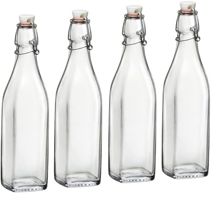 Bormioli Rocco Swing Glass Bottles 33.75 oz – Set of 4 – Airtight Swing-Top Clear Glass Beverage Bottles for Water, Juice, Homemade Infused Drinks, Office & Kitchen Storage