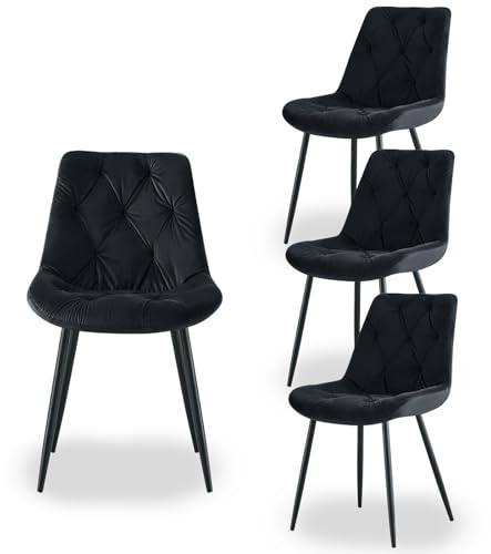 JYMTOM Samt Esszimmerstuhl 4er-Set Retro Design Wohnzimmerstuhl mit dicken gepolsterten Rückenlehnen, für Esszimmer Wohnzimmer Küche und Schlafzimmer (4, Schwarz)