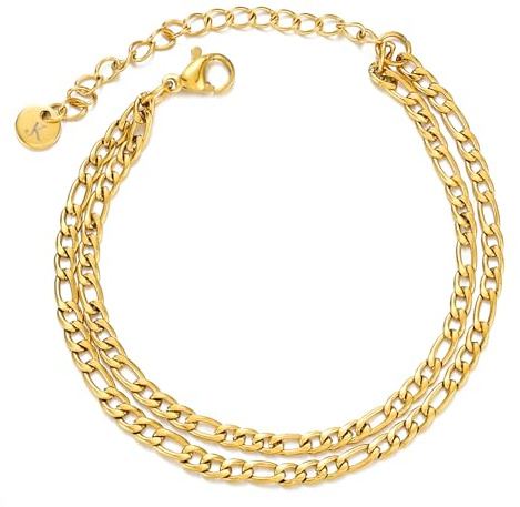 Kim Johanson® Edelstahl Damen Fußkettchen *Elda* in Silber, Gold & Roségold | Mehrreihige Fußkette | Figaro Panzer Kette | Wasserfest | Boho Schmuck für Frauen | Verstellbare Länge
