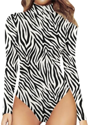 Body à manches longues pour femme, col roulé extensible, combinaison douce et ajustée pour sortir en hiver, combinaison élastique imprimée, justaucorps basique pour danse et gymnastique, zébré, L