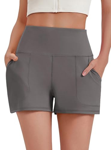 PINSPARK Sportbyxor, korta, dam, hög midja, badshorts, sportshorts, korta badbyxor, vida ben, snabbtorkande, sommar, strand, yoga, gym, shorts, träningsshorts med 2 fickor, Mörkgrå, XL