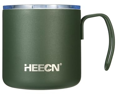 HEECN® Campingbecher mit deckel - Edelstahl Thermobecher Becher - Kaffee Becher - Doppelwandige Isolierbecher - Thermo - Tasse - Armeegrün HESS-051 330ml, Sport