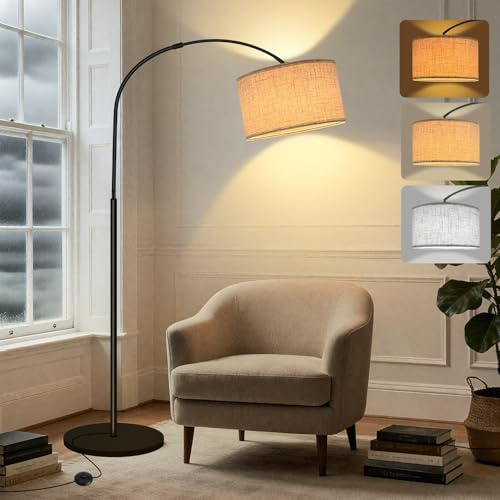 Yicenscoltd Lampadaire arc sur pied pour salon-Lampadaire LED Dimmable 3 Températures de Couleur, Ampoule E27 12W Incluse, Abat-Jour Lin, Interrupteur au Pied - Pour Chambre, Lecture, Bureau