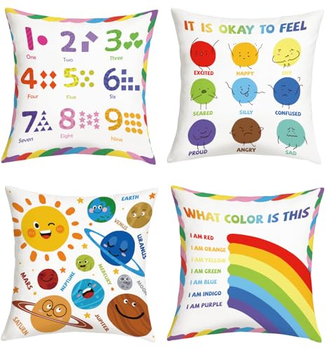 Joymaison Kids Reading Nook Educational Cushion Covers 45 x 45 Pack of 4 Calming Corner Positive Affirmations Rainbow Planet Square Throw Pillow Case Decorative Sofa Cushion with Invisible Zipper