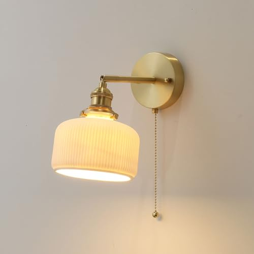 Genérico LAUMZX Aplique de pared moderno de mediados de siglo con cadena, luz de pared ajustable de latón cepillado, pantalla de cerámica blanca acanalada, iluminación de tocador for dormitorio