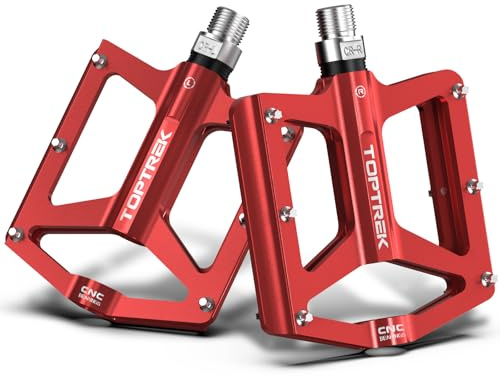 toptrek Pedaler, cykel, CNC-aluminiumcykelpedaler, halkfria med 3 förseglade lager, MTB-pedaler 9/16 tum, platta pedaler för MTB, vägcykel, BMX, trekking, gravel, e-cykel (röd)