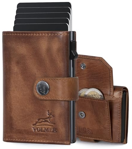 Fa.Volmer ® POP-UP Kartenetui mit Münzfach aus Echtleder für Herren & Damen | 12 Karten | RFID Schutz | Geldbörse VO45P (Antique Brown, Großes Münzfach)