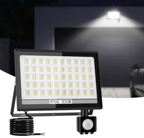 100W Security Light Outdoor Motion Sensor, PIR Flood Light Cool White | 10000 Lumen Ultra-bright, IP66 Waterproof, Dusk Till Dawn Security Lighting LED for Garage Garden Hallway Backyard, 1Pack