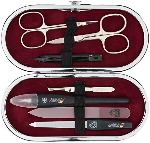 DREI SCHWERTER - Germany 7-tlg. Maniküre Set 'Vittoria' Nagel Set Etui in Kunstlackleder weinrot | Inhalt: Nagelschere, Hautschere, Pinzette, Glasnagelfeile, Nagelhautmesser uvm