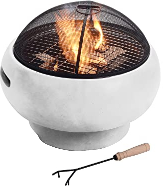 Teamson Home Outdoor Wood Burning Fire Pit, Small Garden Fire Pit, Outdoor Chimenea, Fire Bowl Log Burner with Poker, Grill and Lid, Grey