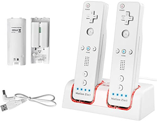 2 Pack Rechargeable Battery for Wii Remote Controller, TechKen 2 x 2800mAh Batteries with Charging Station Dock (White)