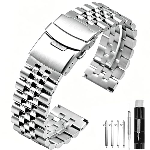 SINAIKE 22 mm Bracelet de montre en métal Bracelet de montre en acier inoxydable argenté brossé et poli à 6 maillons avec boucle déployante à double rabat