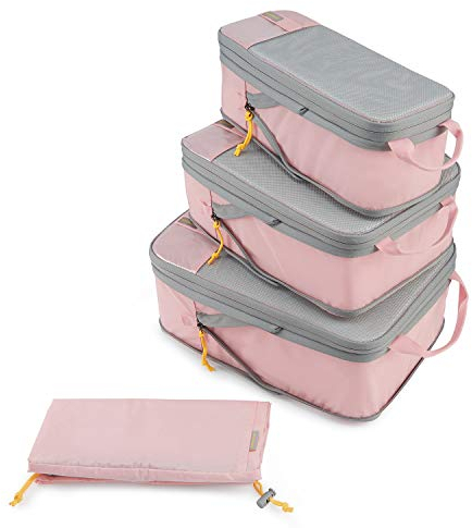 BAGSMART Kleidertaschen Set 4 Teilig packtaschen Kompression Packwürfel Set mit Wäschesack für Rucksack,reise organizer,Koffer Organizer auf Travel,Rosa