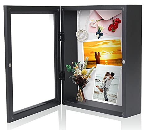 Muzilife 8x10 Shadow Box Picture Frame - 2.16 Interior Deep Wood & Glass Display Case Ready to Hang Memory Box Baby Sports Memorabilia, Wedding, Tickets, and Photos, Black