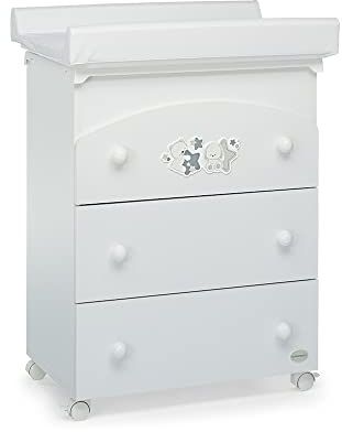 Foppapedretti Bagnetto Fasciatoio Piccoli Amici, Legno, Made in Italy, 3 Cassetti, Piano Fasciatoio Ribaltabile, Vaschetta Anatomica Estraibile, 4 ruote, Materissani Incluso, 69x47x89 cm, Bianco