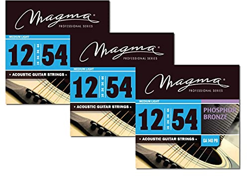 Magma - Saiten für Akustikgitarren – 3 Sets von 12-54 Gauge Medium Light Phosphorbronze Akustiksaiten (0,12 Zoll – 0,54 Zoll) - GA140PB