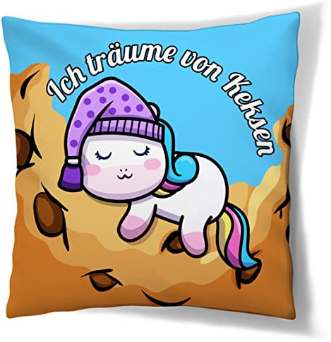 Ferocity Kissen für das Kinderzimmer 45x45 cm Groß; Deko Kissenbezug mit Füllung für Kinder Motiv Einhorn Träumt von Keksen [091]