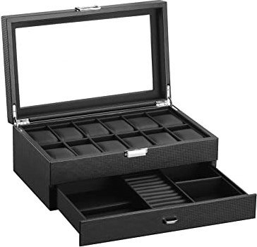 Boîte de Montre en Bois, Support de Boîte de Rangement d'affichage de Montre, Présentoir Coffret Boîte de Stockage pour Bijoux Bracelets et Boutons de Manchette, 30 x 20 x 13 cm (Kohlefaser-W79T)