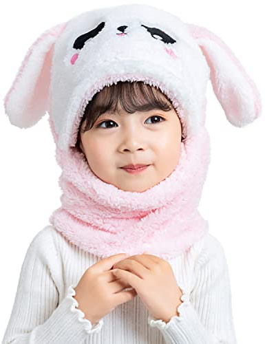 Rayson 2 in 1 Bambino Cappello Sciarpe Invernali Cappellini Ragazzo e Ragazze Berretti Passamontagna Bambini Caldo e Carino Peluche Coniglio Bavaglino Cappuccio（Rosa）