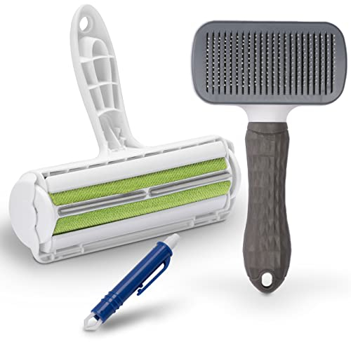 FinoPet 3er Set Katzenbürste Hundebürste XL Fusselrolle und Zeckenzange im Aktionsset, Kurz- und Langhaar Bürste mit Selbstreinigungsfunktion Tierhaarentferner Automatische Zeckenentfernung