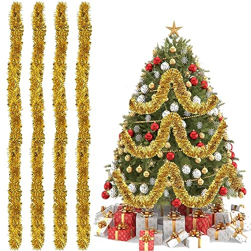 4X Lametta Girlande Gold – 8m Glitzer Set (4 x 2m) Weich & Stabil. Funkelnde Weihnachtsbaum Girlan-de für Tannenbaum, Treppe & Tür. Christbaum Girlan-de Deko, Flexibel & Wiederverwendbar