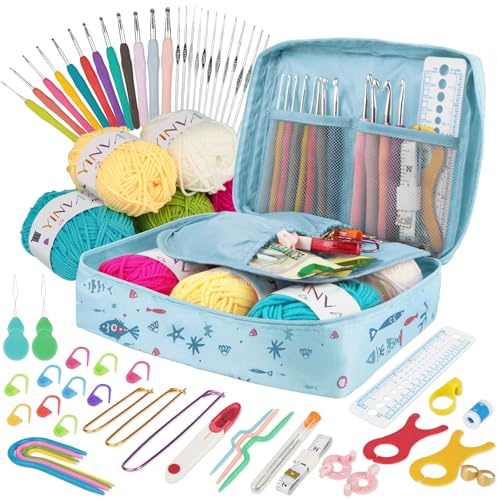 YINVA Häkelset für Anfänger 111 Stück Häkelnadel Set 0.6mm-8mm Ergonomische Häkelnadeln Crochet Set Stricken für Anfänger Set Häkelgarn Tragbaren Tasche Strickzubehör(Blau)