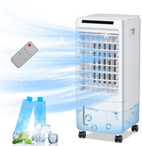 Fullwatt Mobiler Luftkühler 7 Liter Kapazität, Mobile Klimageräte mit 2 Kühlakkus, 80W, 3 in 1 Luftbefeuchtung Ventilator, Wasserkühlung Luftbefeuchtung 3 Geschwindigkeitsstufen Klimagerät (Weiß-7L)