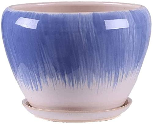 Farbiger Keramik-Blumentopf, einfacher, extra großer Blumentopf mit Tablett, Wohnzimmer, Balkon, Innenbereich, grüner Dill-Übertopf, Sukkulenten, Kaktus-Pflanztöpfe (blau, 23 cm)