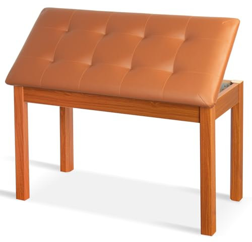 UISCOM Duet Piano Bench with Padded Cushion and Storage - Solid Wood Keyboard Bench Bookcase Stool Chair Seat Vanity Stool Tufted Wooden Piano Seat, Comfortable Sponges Pad,Brown
