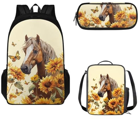 Tomeusey Ensemble sac à dos d'école, sac à dos à bandoulière réglable pour filles et garçons, sac d'école avec boîte à déjeuner isotherme, trousse à crayons, Cheval tournesol.