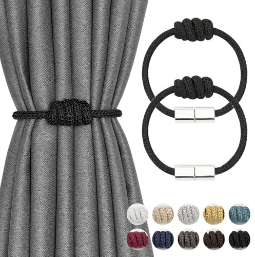 Pretty Jolly 2 Pack Mini Magnetic Curtain Tiebacks Modern Simple Style Drape Tie Backs Elegant Hand Weave Rope Knot Decorative Curtain Holdbacks for Home & Office Window Drapery (Black)