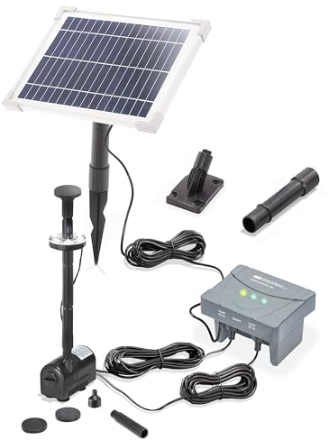 esotec Pompa solare per laghetto con filtro 6/220 LED per esterni, set pompa irrigatore, 220 l/h, batteria LiFePo4, picchetto pannello solare 6 W, fontana solare per laghetto da giardino, pompa per