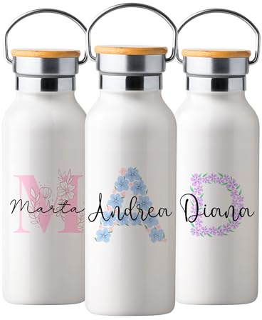 Botella Térmica Personalizada con Nombre, Cantimplora Térmica Acero Inoxidable 500ml de Tapón con Asa, Botella Agua de Pared Doble Aislamiento, Regalos Personalizados (Modelo 1)