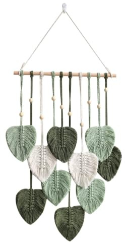 champracer Makramee Wandbehang Boho Deko Makramee Wandteppich Gewebte Wandbehang mit Holzperlen und Blätter Chic Tapisserie Fransengirlande für Schlafzimmer Wohnzimmer Kinderzimmer (Armeegrün)