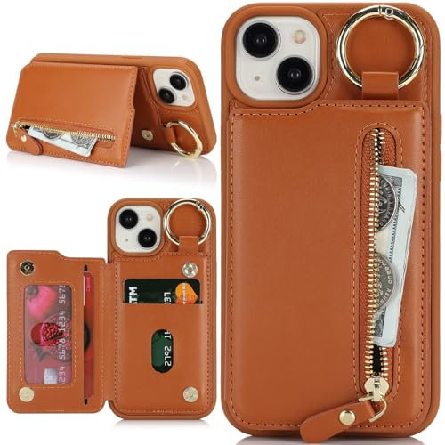 Zouzt Case for iPhone 13 and iPhone 14 6.1 Inch, Wallet Case with Credit Card Holder Slot, Premium PU Leather Key Ring Zipper Shockproof Protective Phone Cover for Men Women - Almond- Brown