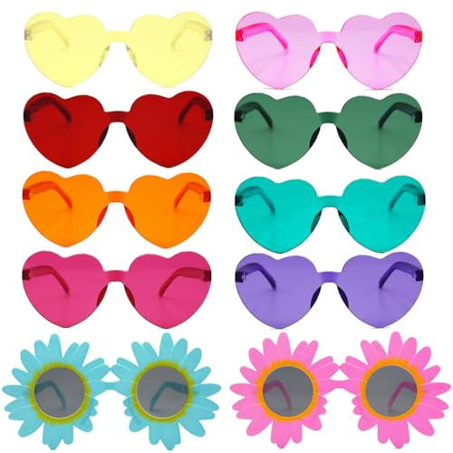 8 Paar Herz Sonnenbrille, Bunte Party Sonnenbrille, Randlose Herzbrille | Lustige Partybrillen mit 2 Sonnenblumen Sonnenbrille, Hippie Herzbrillen für Hochzeit Fasching Foto Requisiten