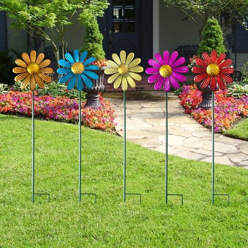 Manortang 5pcs Wind Spinners Metal Colorful Flowers Garden Stake, Small Daisy Pinwheels, 27 Windmill for Yard Decor, Lawn Ornaments Outdoor Garden Décor, Metal Yard Art, Valentine Decoration Gift