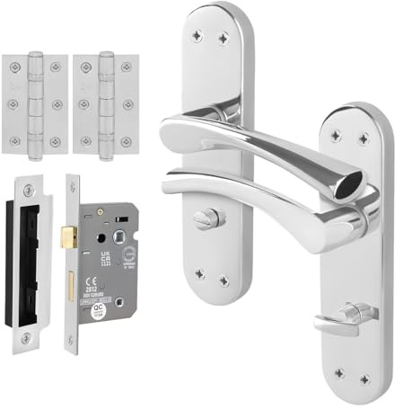 EAI Polished Chrome Door Handles with Bathroom Lock 64mm, Hinges - Novoli | Complete Bathroom Kit with 1 Pair of T-Bar Lever on Backplate Door Handles, 64mm Bathroom Lock, 76mm Hinges, Fixings Included