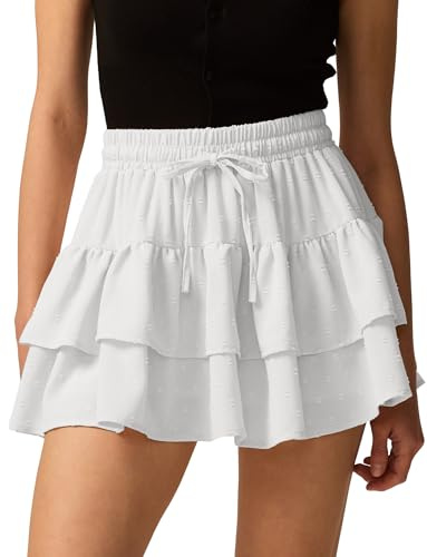 Adigau damkjol, sommar, kort veckad kjol med shorts, sexig minikjol, eleganta volang, kjolar, hög midja, flera lager, sommarkjol, A-linje, stretch, fritidskjol, ledig strandkjol, Vit, S