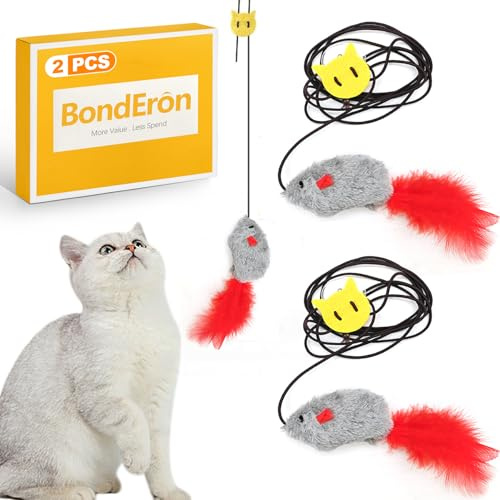BondEron 2 Stück Hängendes Katzenspielzeug für Türrahmen, Elastische Quietschmaus mit Federschwanz, Interaktiv Selbstbeschäftigung ohne Batterien
