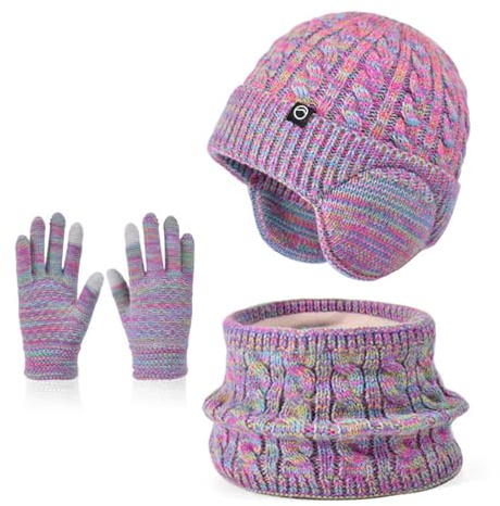 Enwokran vintermössa halsduk handske set flickor stickad mössa varm mössa pojkar vintermössa fleece vinterhalsduk elastisk beanie öronflik hatt halsduk pekskärmshandskar barn 4–10 år, Färgblandning